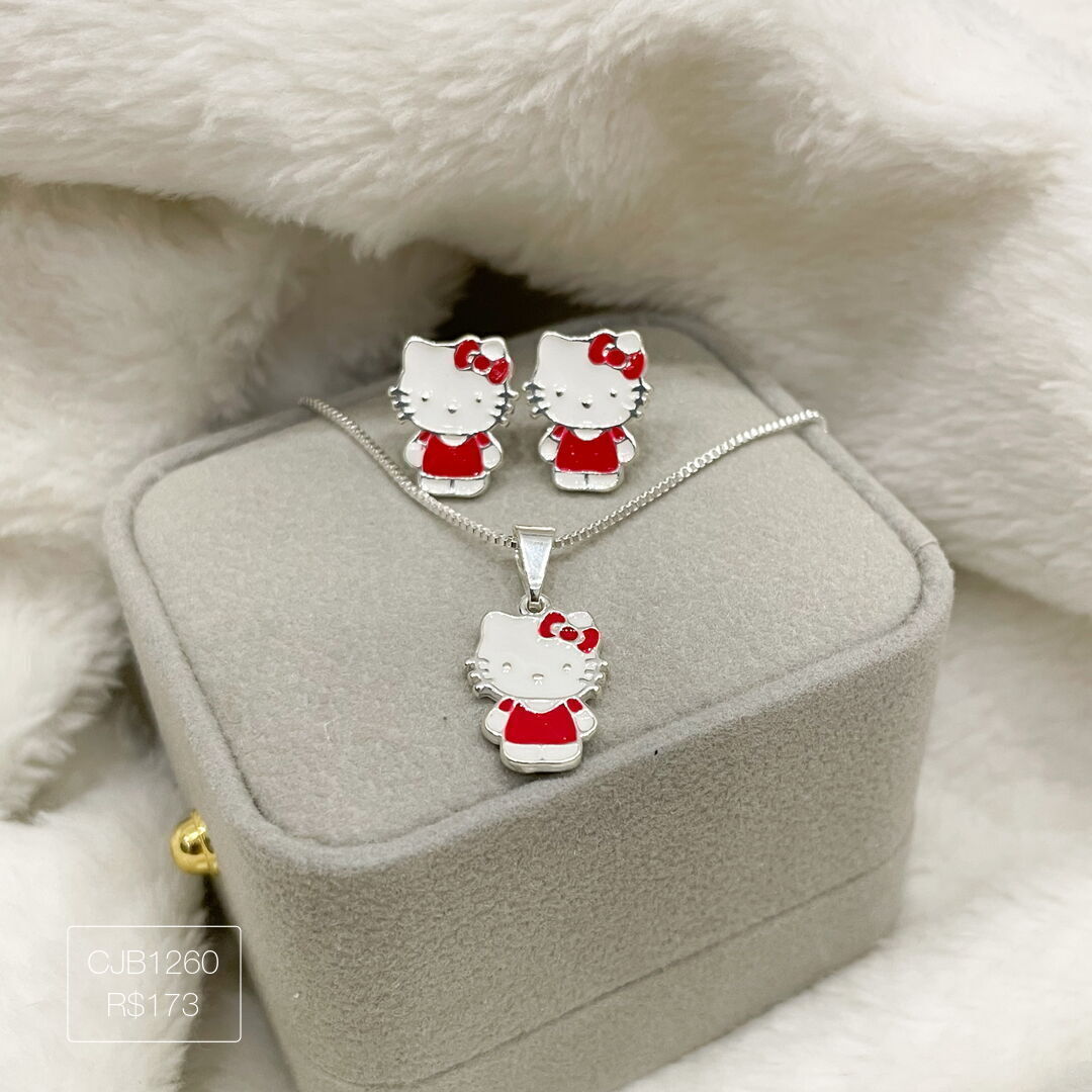 Conjunto Infantil Hello Kitty Esmaltado Prateado